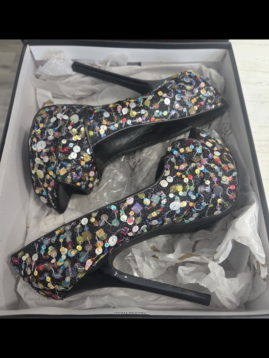 Carlos by Carlos Santana Shoes - Carlos Santana black multi-colored sequin peep-toe platform heels